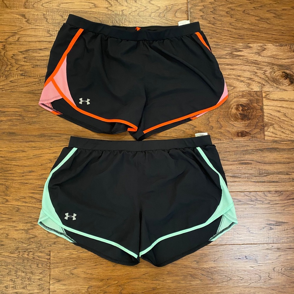 Under Armour Fly By Running Shorts Lot of 2 Black Pink Green XL HeatGear